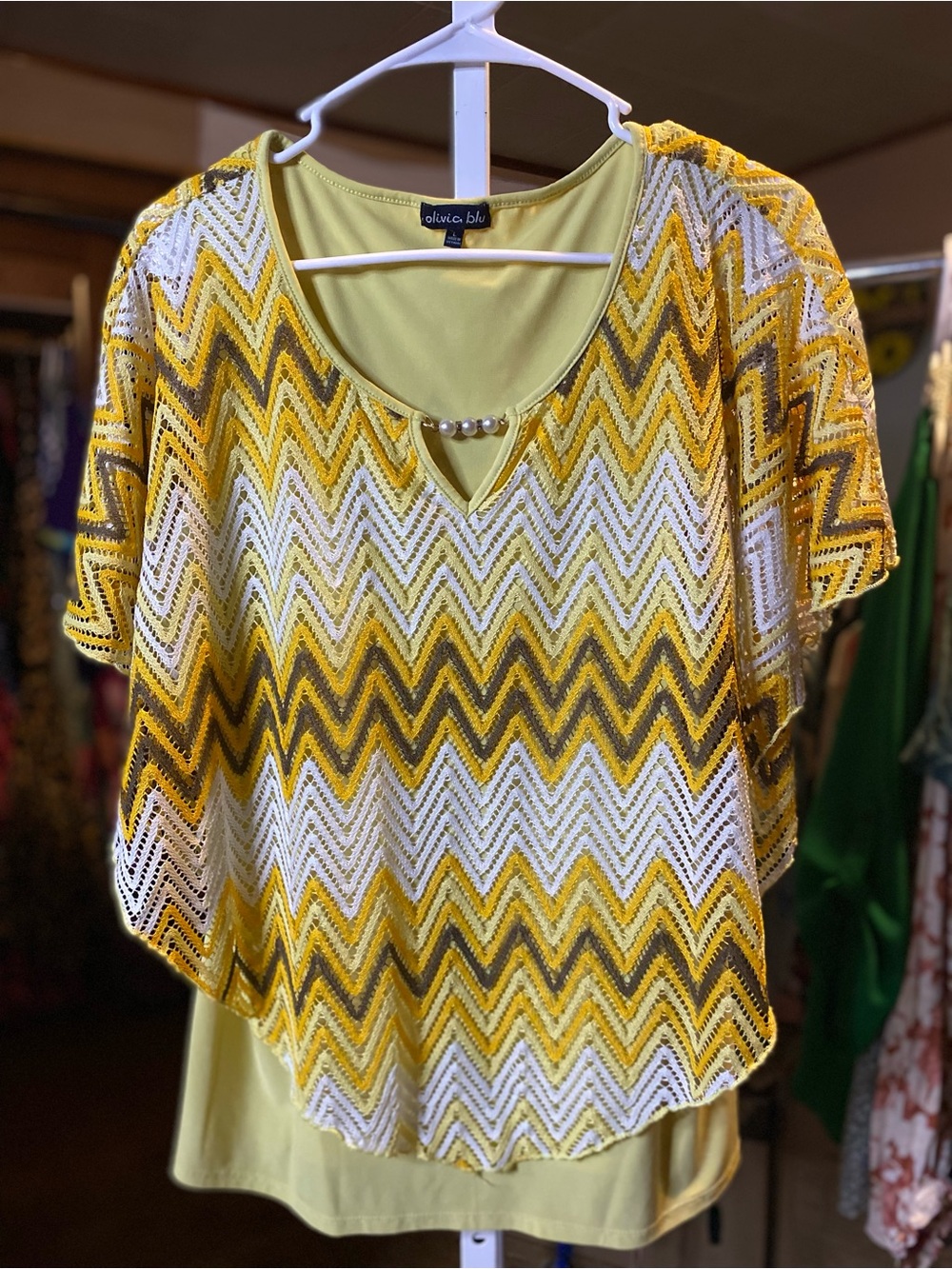 Olivia Blu Yellow Chevron Layered Shell & Knit Top with Pearl V-Neck Detail